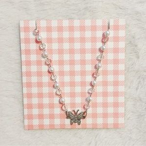 Brandy Melville Silver Butterfly Pearl Crystal Beaded Chain Necklace Accessories